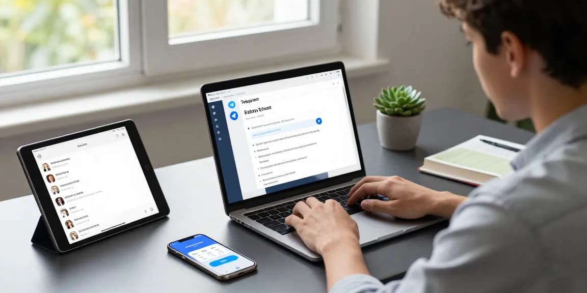 Using Telegram Chinese settings, a professional customizes the interface in a modern workspace with multiple devices.