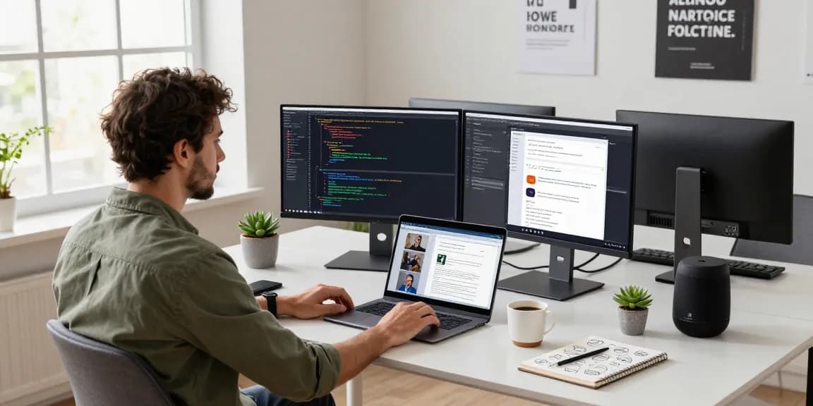 Developer coding in modern office workspace, showcasing WPS Official Website features for productivity.
