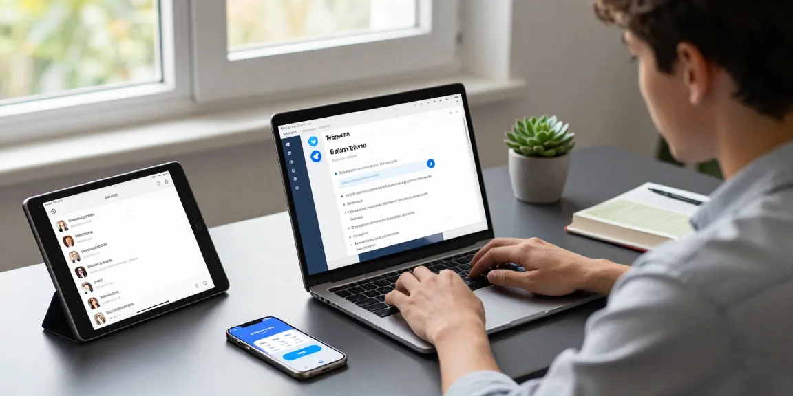Using Telegram Chinese settings, a professional customizes the interface in a modern workspace with multiple devices.