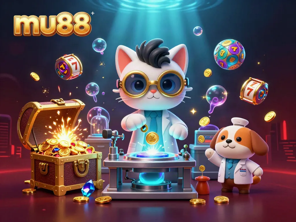 Experience thrilling wins at MU88 casino with our cartoon scientist and dog amid exploding treasure!