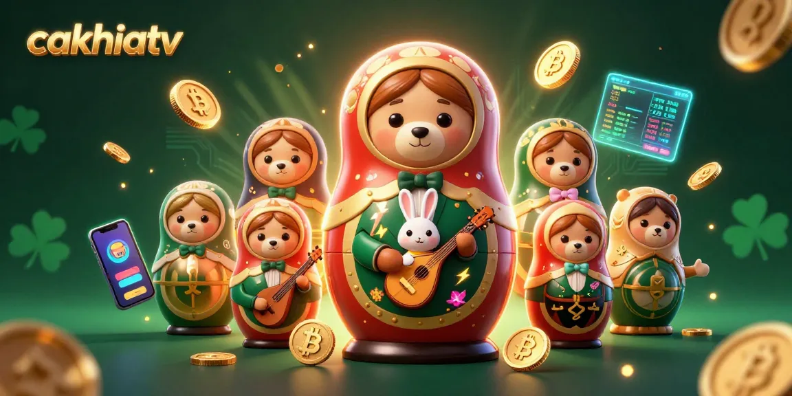 Experience Cakhiatv's vibrant gaming world with festive 3D cartoon characters and cryptocurrency elements.