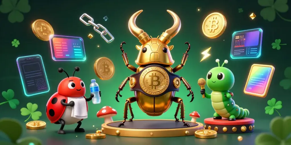 Engage with mu88 in a vibrant 3D illustration showcasing a golden stag beetle champion amidst glowing cryptocurrency elements.