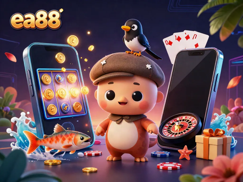 Engage in playful casino excitement with ea88's vibrant 3D illustration of Nessie at the slot machine!