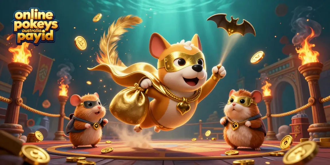 Play online pokies Australia PayID with fast transactions in a dynamic 3D illustration featuring a superhero dog.
