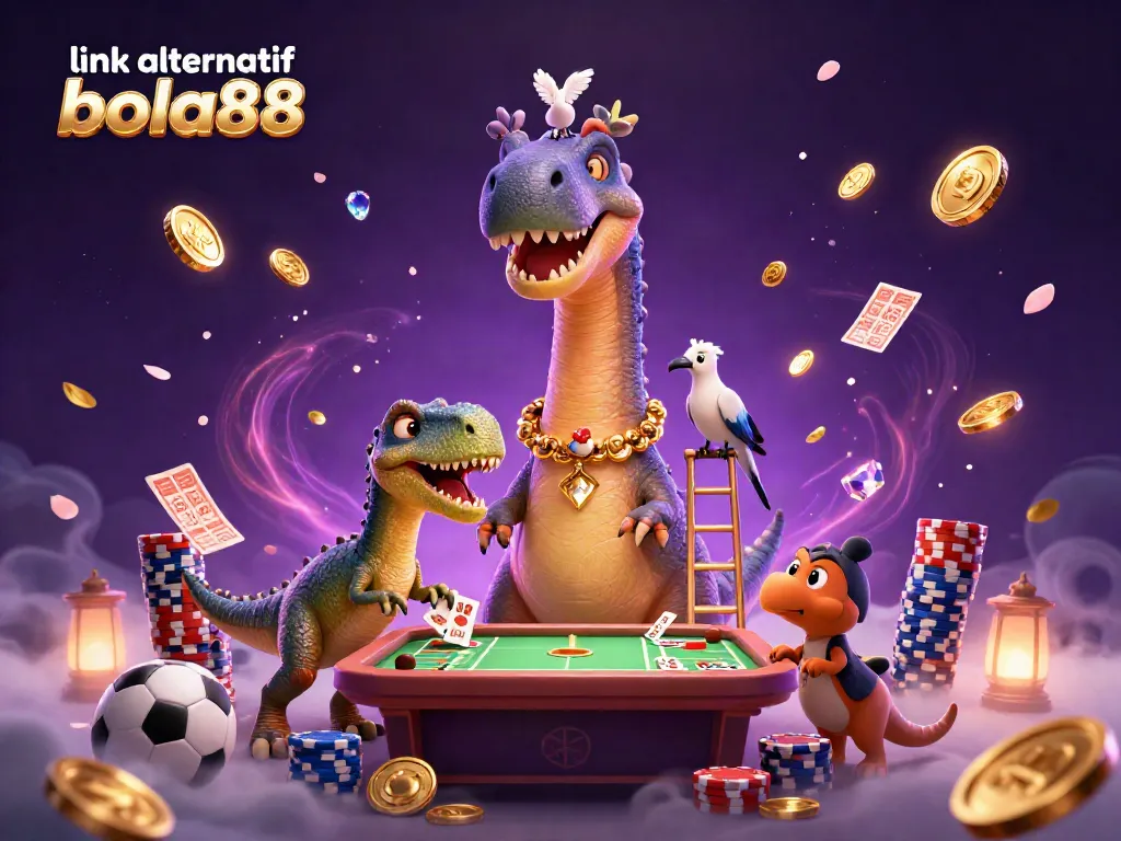Wager on link alternatif bola88 with a whimsical illustration featuring a giant brontosaurus overseeing a soccer betting table.