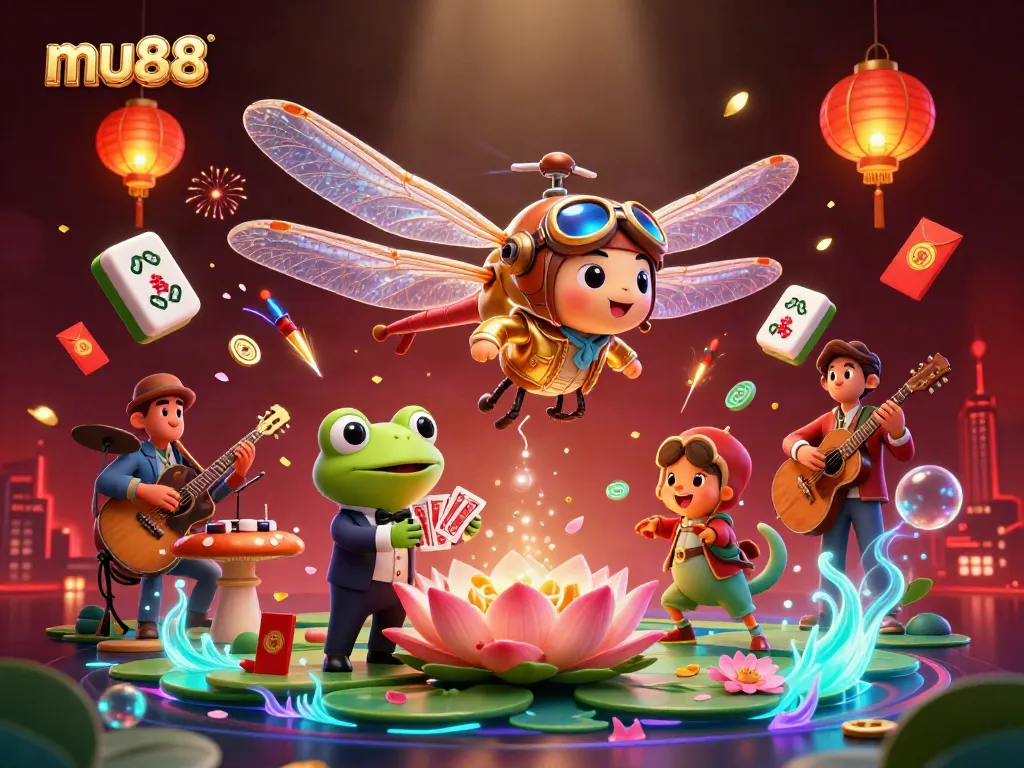 Play with luck at MU88 in this vibrant 3D casino scene with playful characters and festive elements.