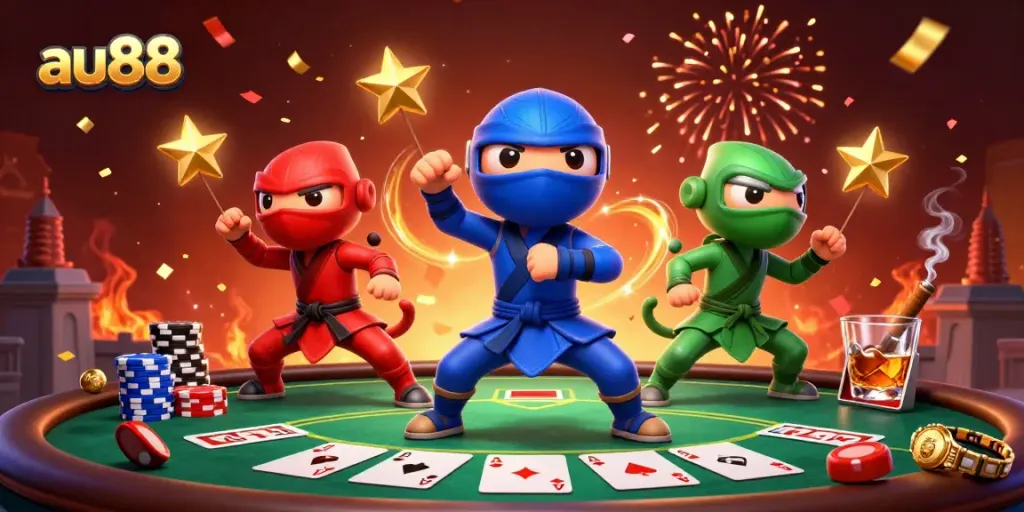 Engage in thrilling poker action at au88 with ninja chameleons battling amidst colorful poker elements.