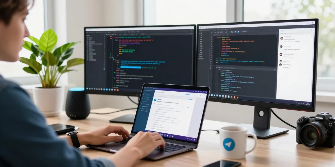 Use Telegram Web Version seamlessly on sleek laptop in a bright workspace with chat interface.