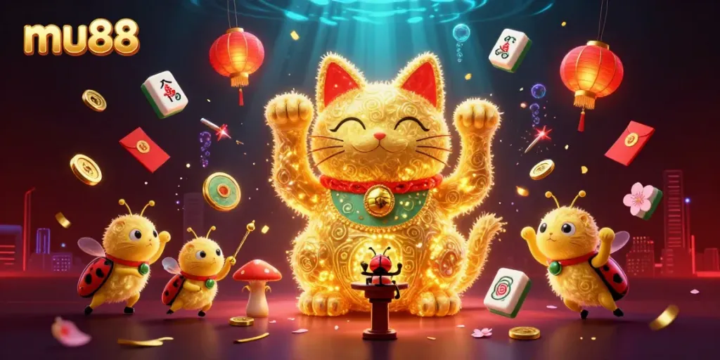 Experience luck and excitement with mu88's vibrant casino symbols and lucky cat illustration.