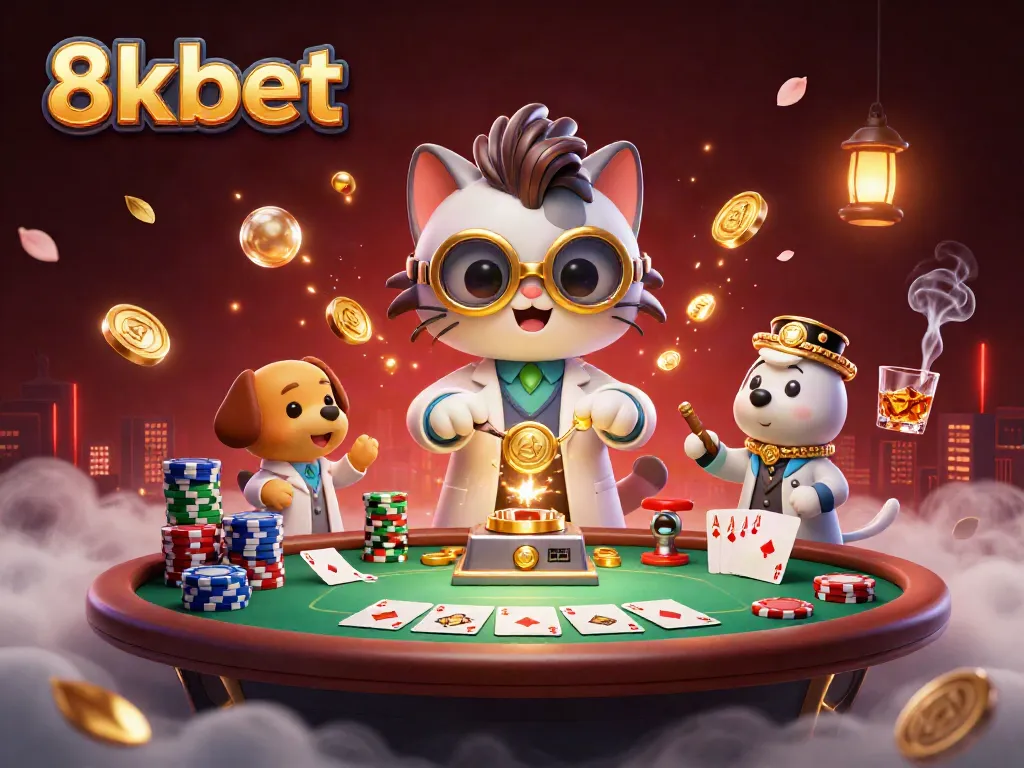 Experience the excitement of 8xbet with vibrant casino elements and a mad scientist theme.