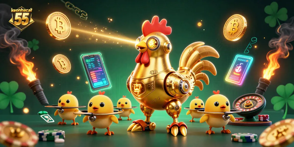 Engage with keonhacai 55's thrilling casino experience featuring a dynamic golden rooster robot and baby chick drones.