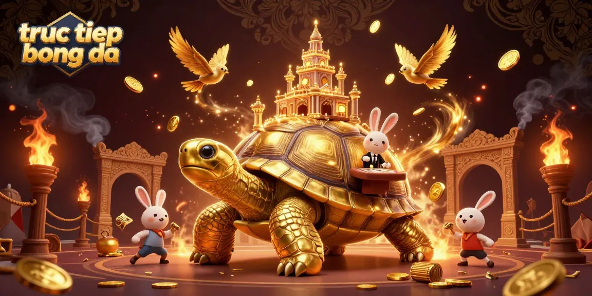 Engage with truc tiep bong da through a vibrant 3D scene featuring golden tortoise and dealer amidst animated casino elements.